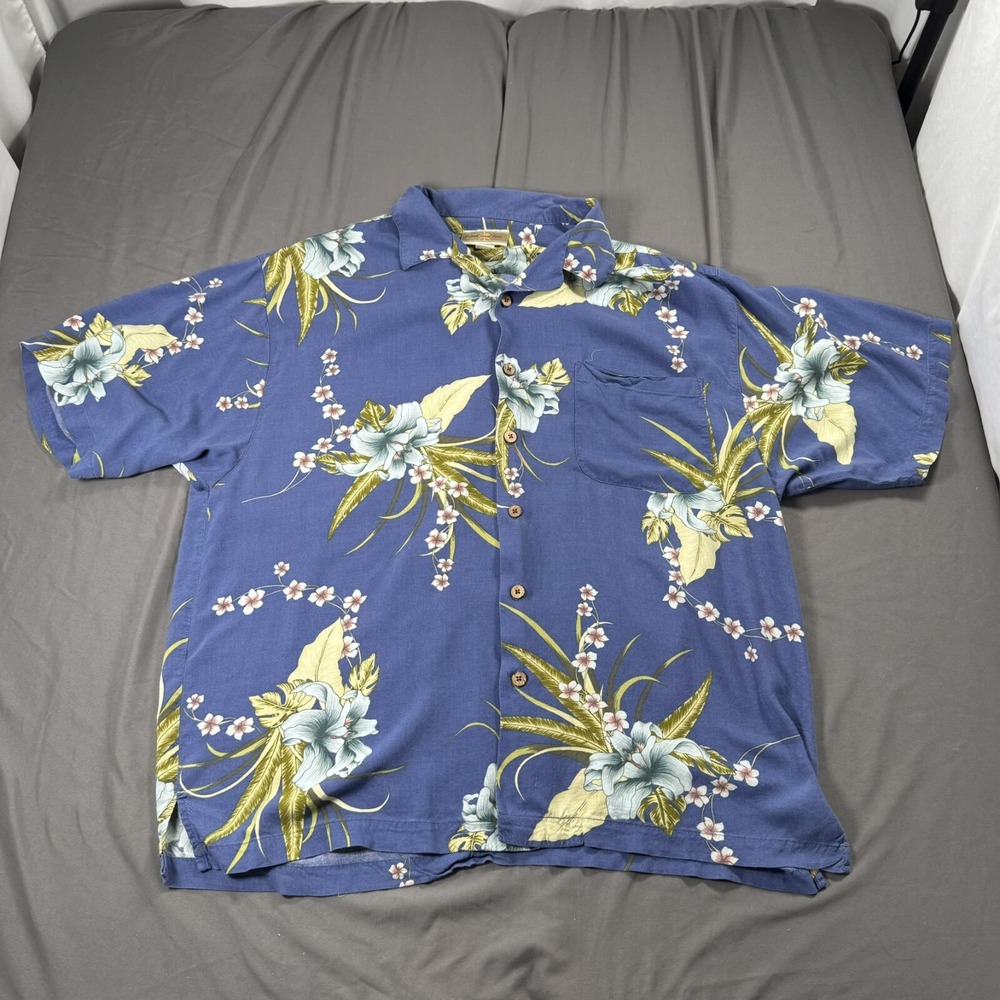 Original Island Sport Shirt Mens XL Blue Floral Rayon Short Sleeve Button Up